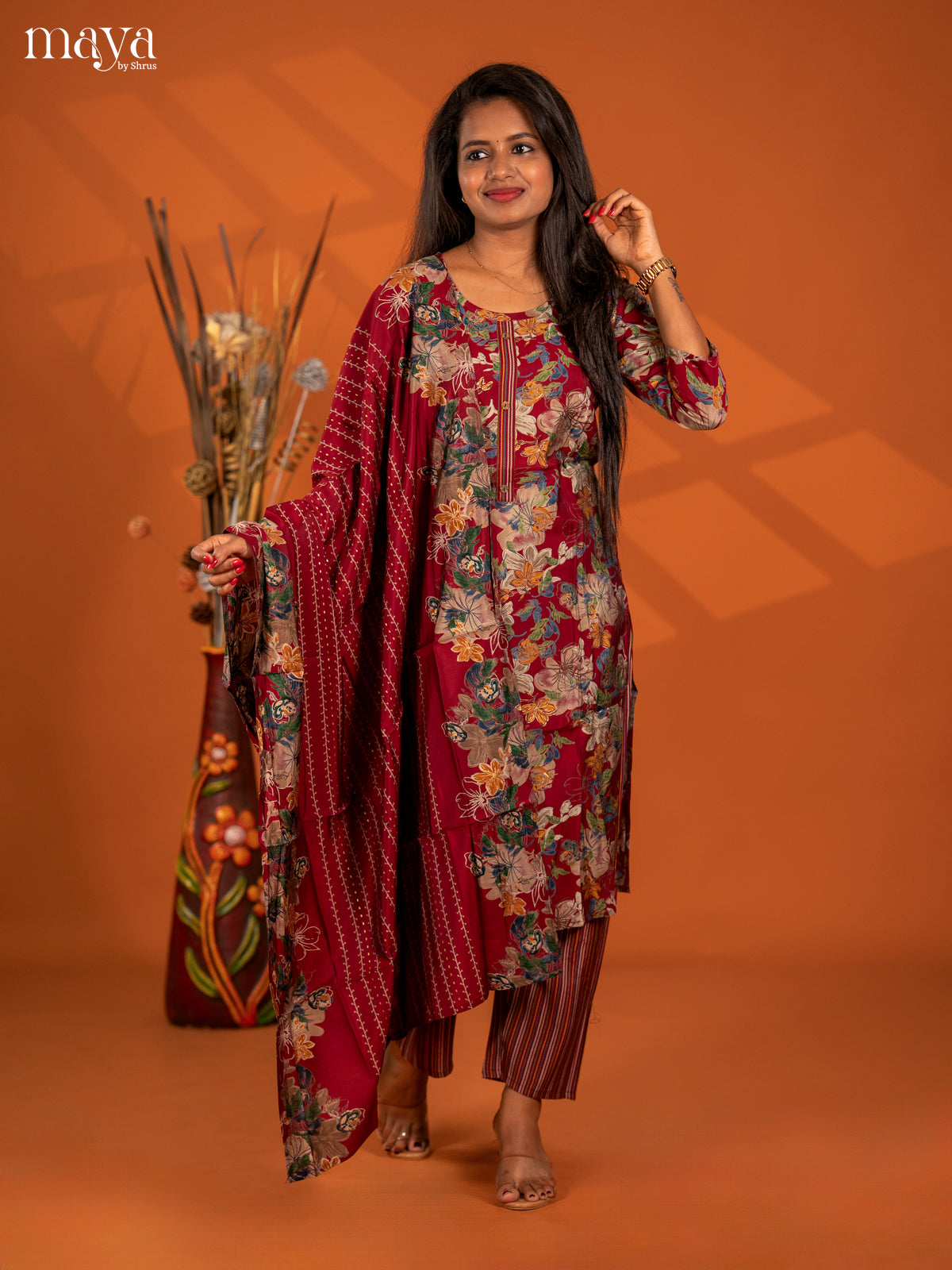 Maroon Grape 3pc Salwar Suit with Floral Print - Top, Bottom & Dupatta