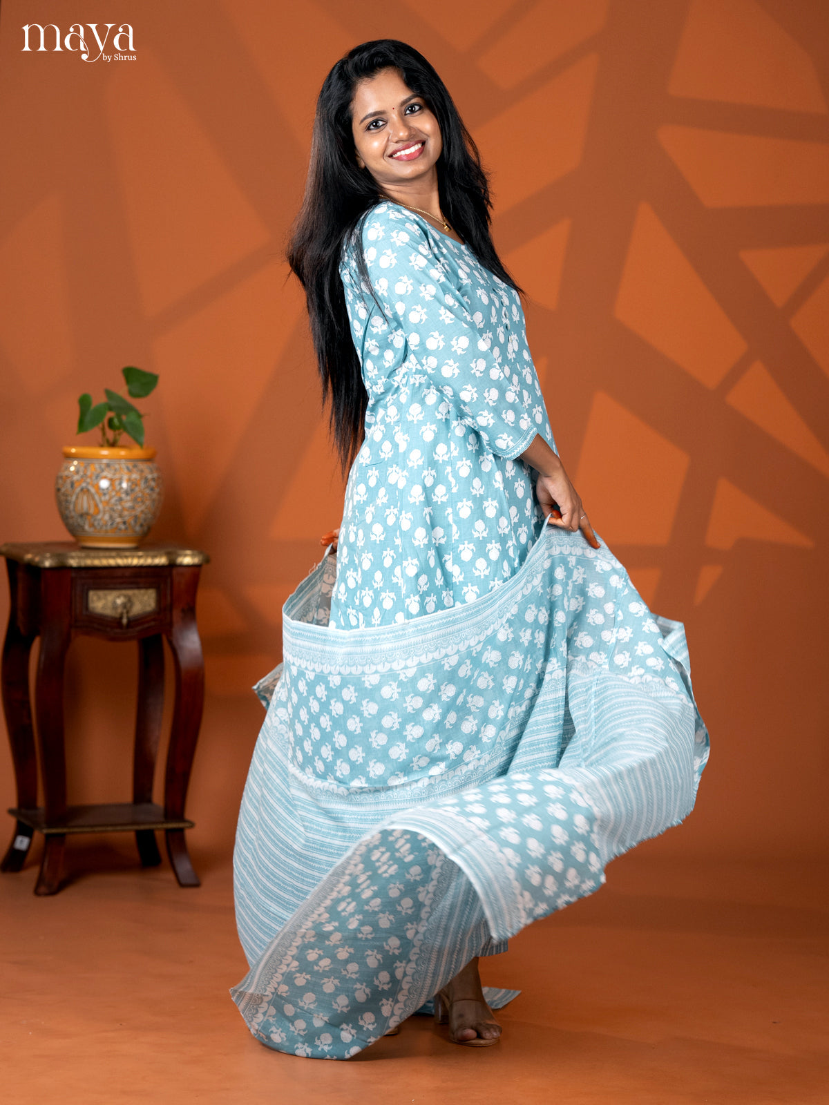 Pastel Blue Cotton 3pc Salwar Suit with Floral Print - Top, Bottom & Dupatta
