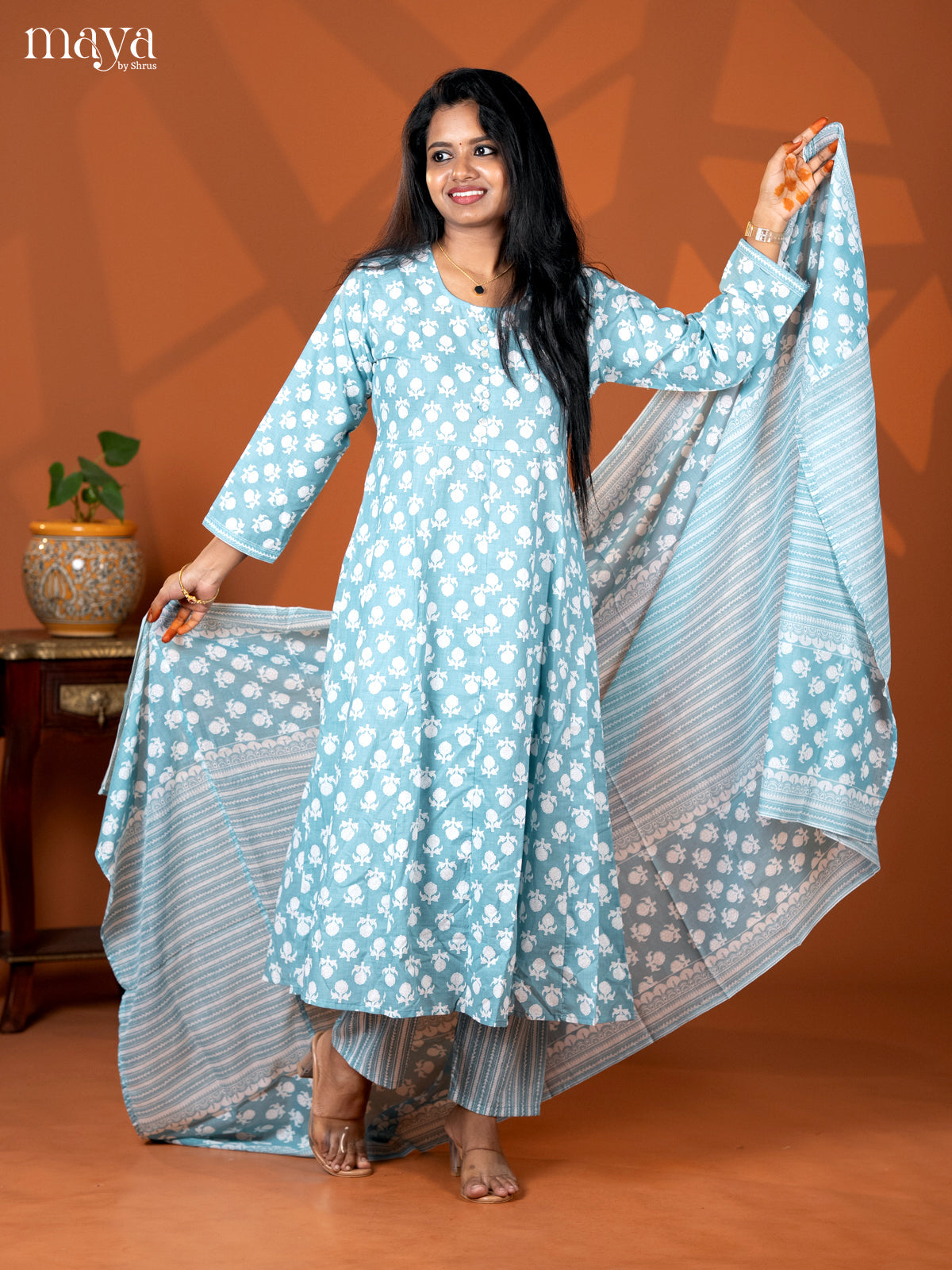 Pastel Blue Cotton 3pc Salwar Suit with Floral Print - Top, Bottom & Dupatta