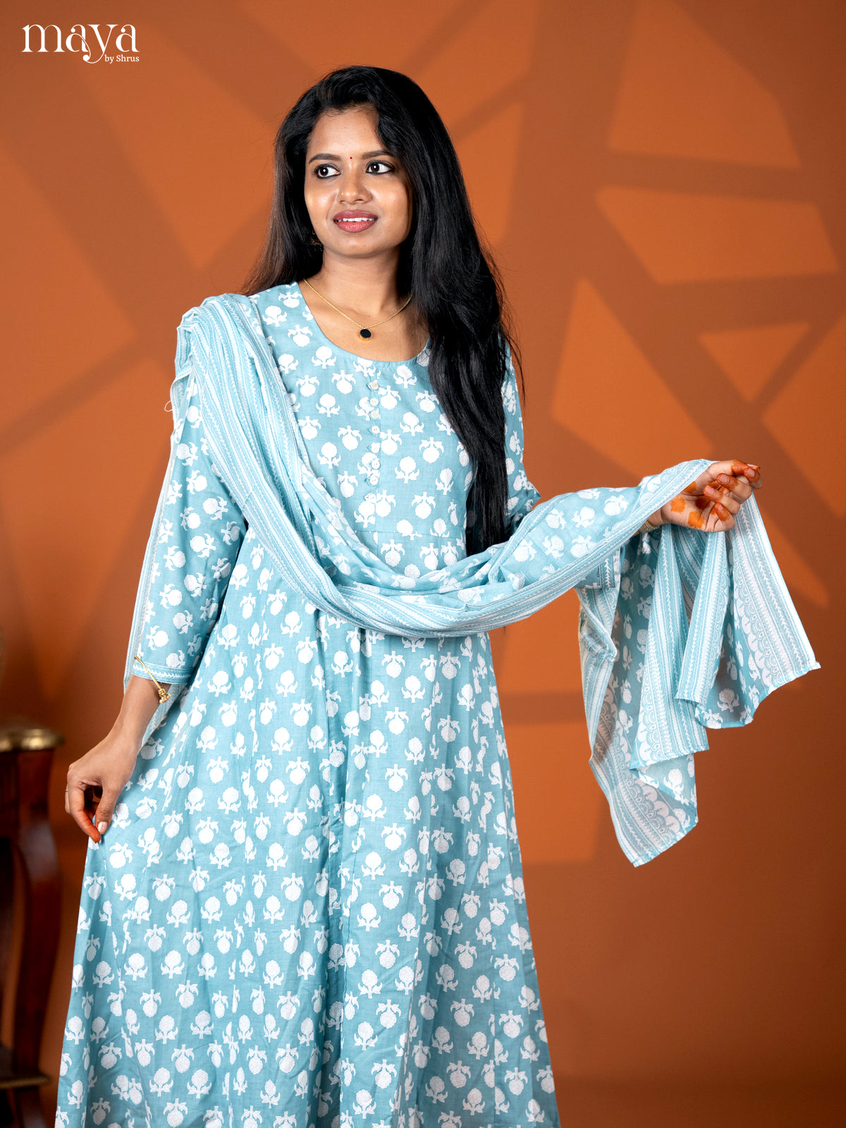 Pastel Blue Cotton 3pc Salwar Suit with Floral Print - Top, Bottom & Dupatta
