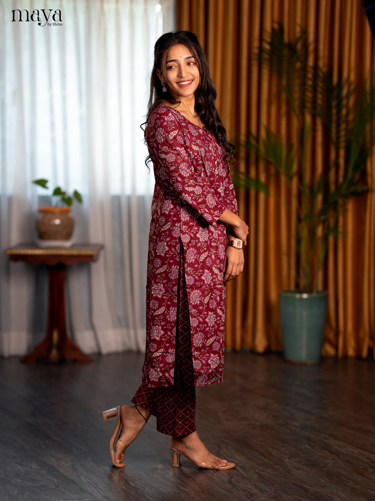 Dark Maroon Cotton 2pc Floral Print Salwar Suit - Top & Bottom