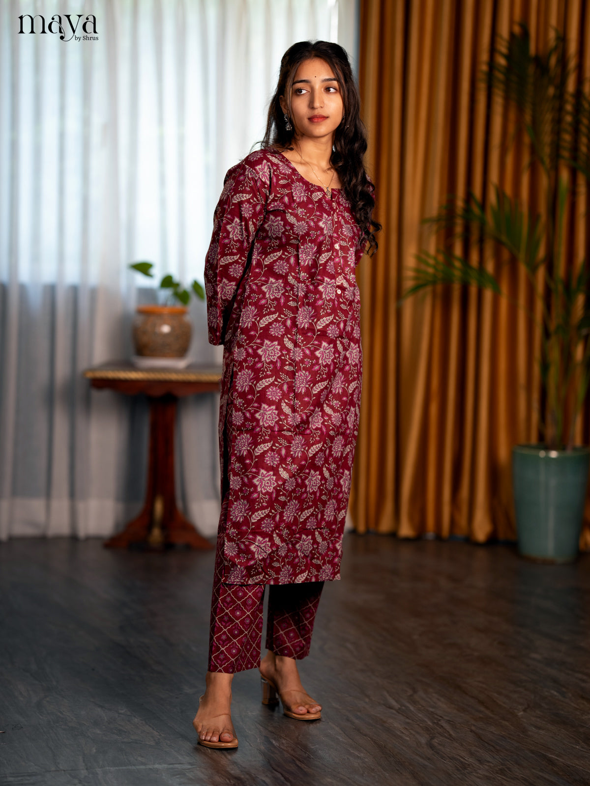 Dark Maroon Cotton 2pc Floral Print Salwar Suit - Top & Bottom