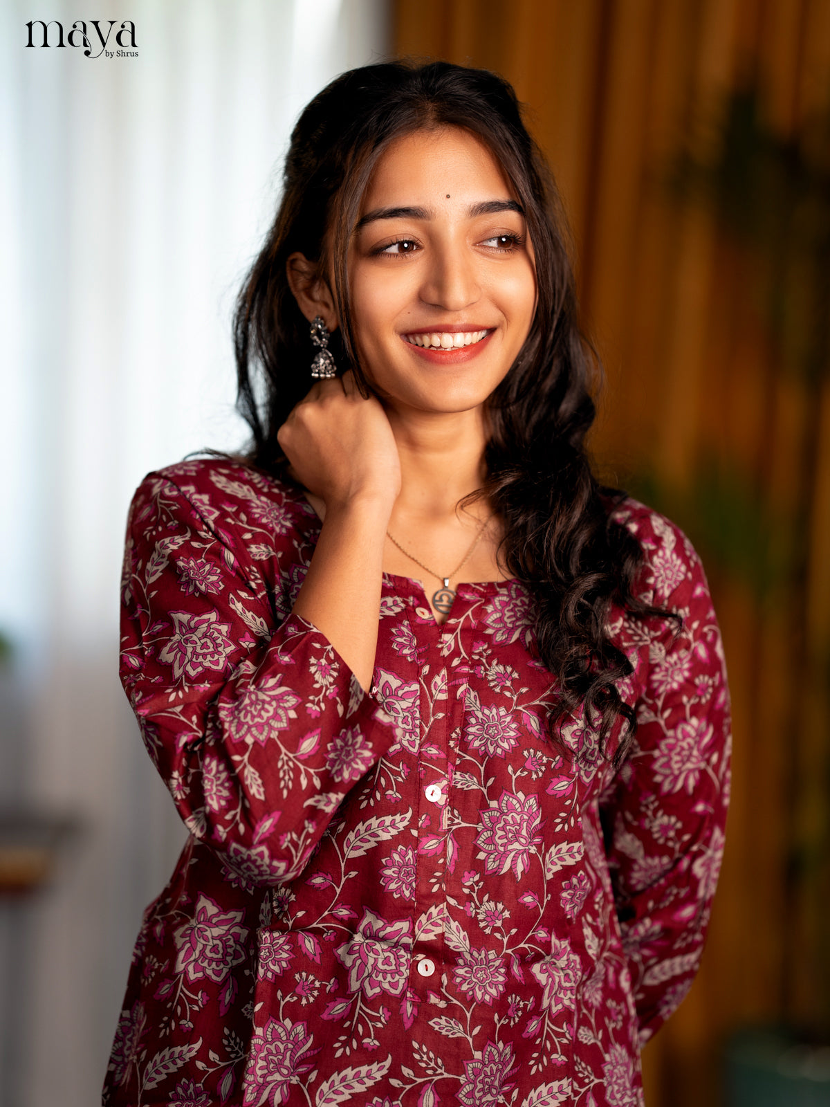 Dark Maroon Cotton 2pc Floral Print Salwar Suit - Top & Bottom