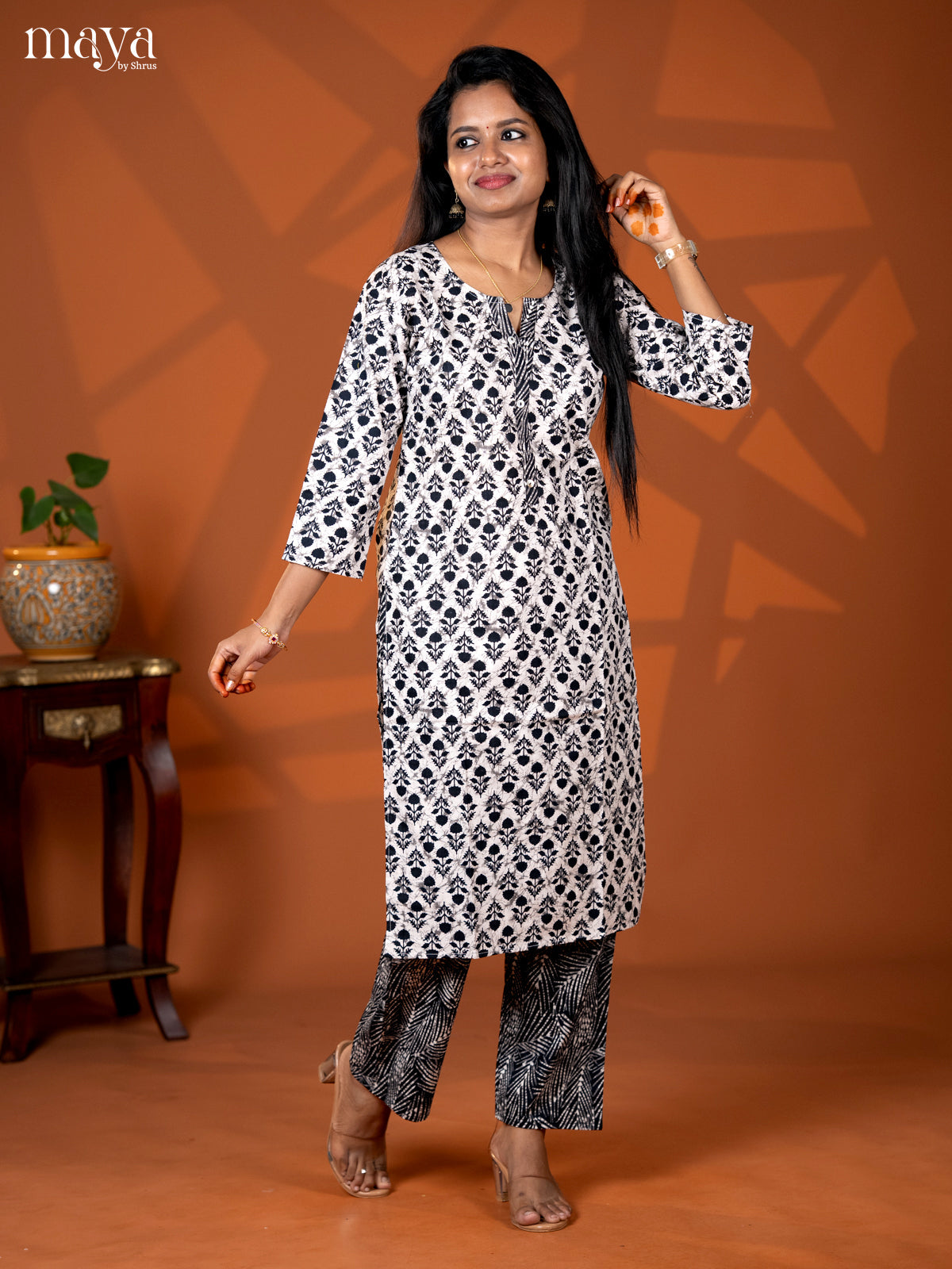 Cream with Black Cotton 2pc Floral Print Salwar Suit - Top & Bottom