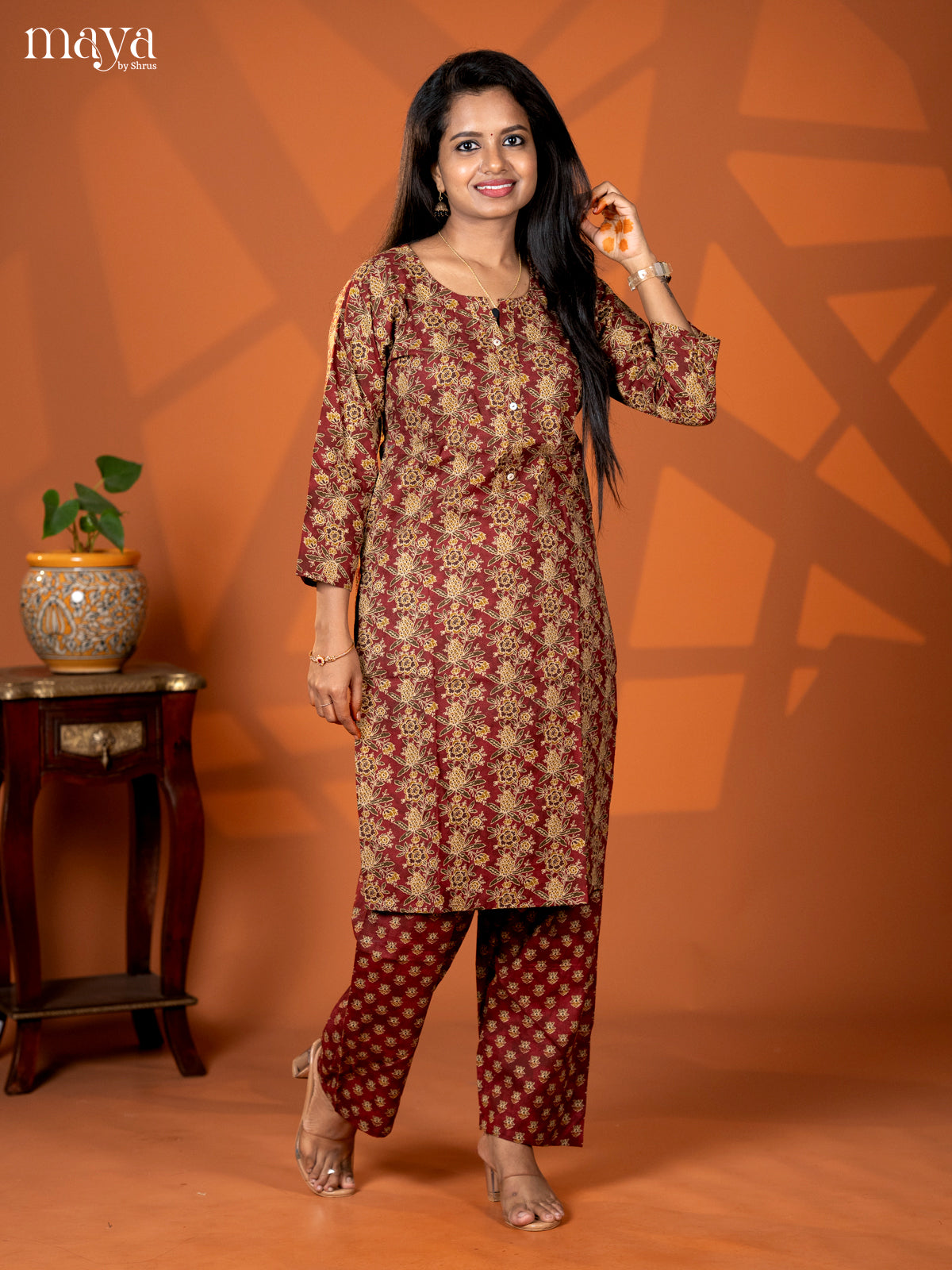 Dark Maroon Cotton 2pc Floral Print Salwar Suit - Top & Bottom