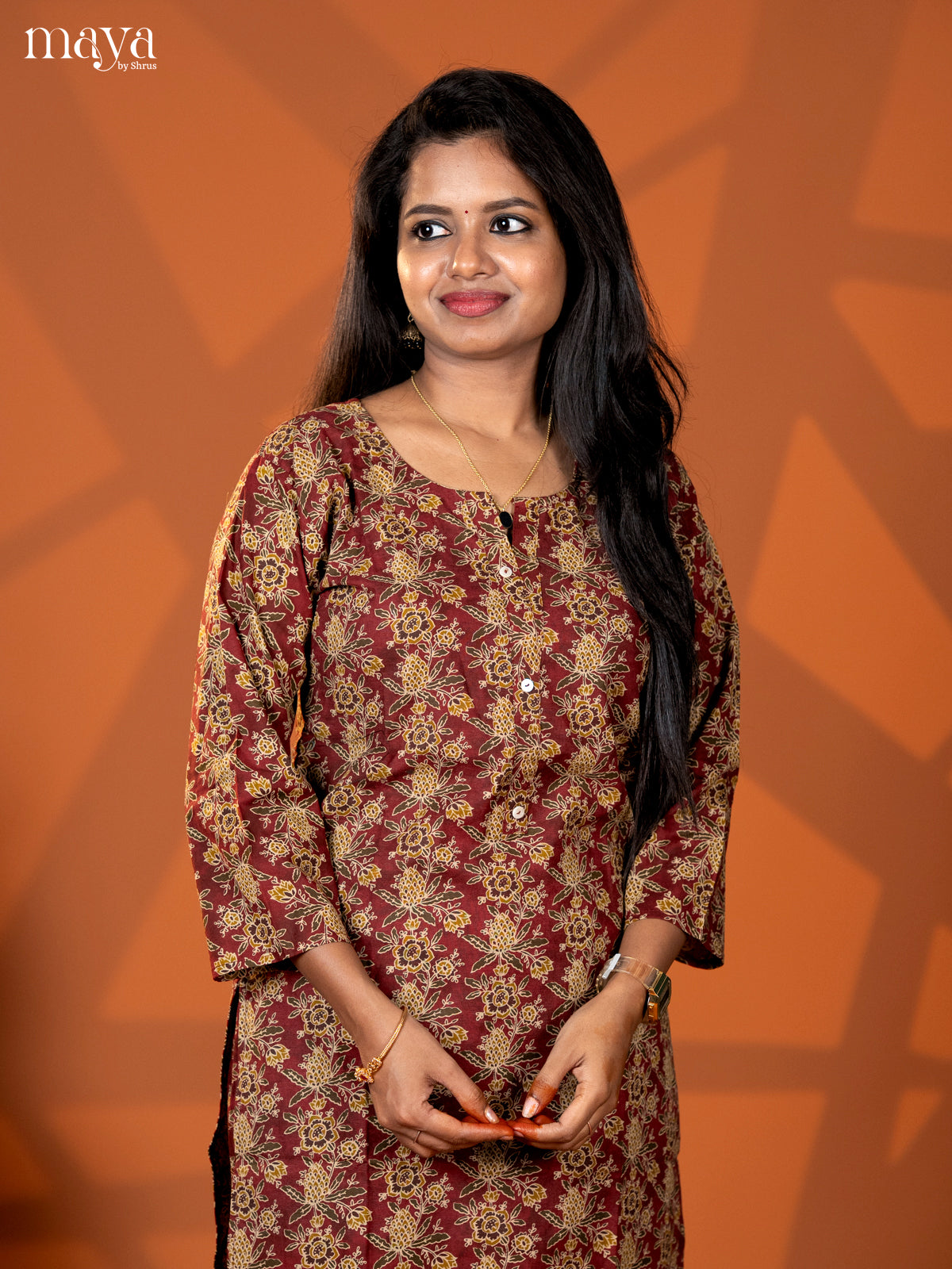 Dark Maroon Cotton 2pc Floral Print Salwar Suit - Top & Bottom