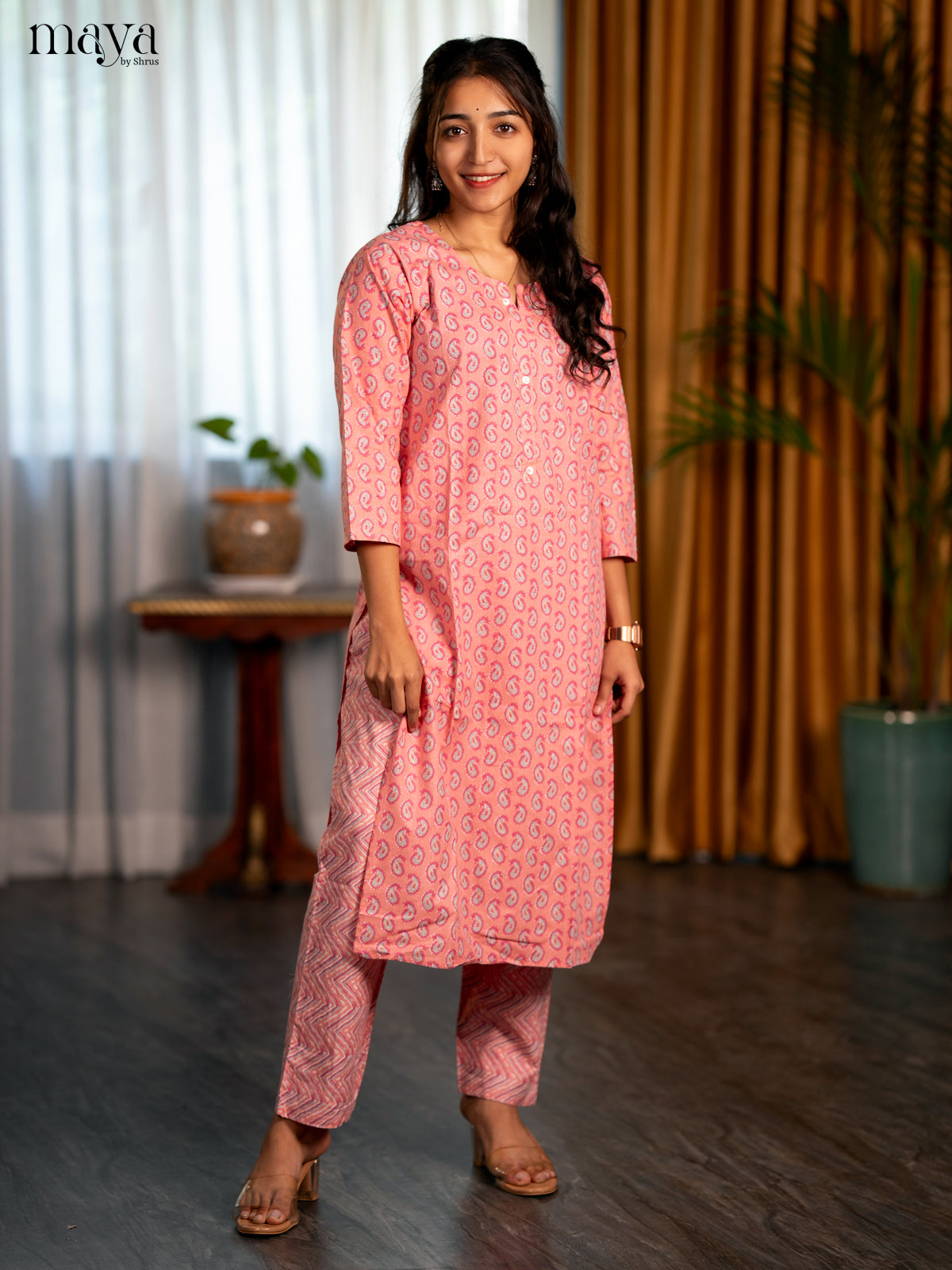 Pastel Pink Cotton 2pc Paisley Print Salwar Suit - Top & Bottom