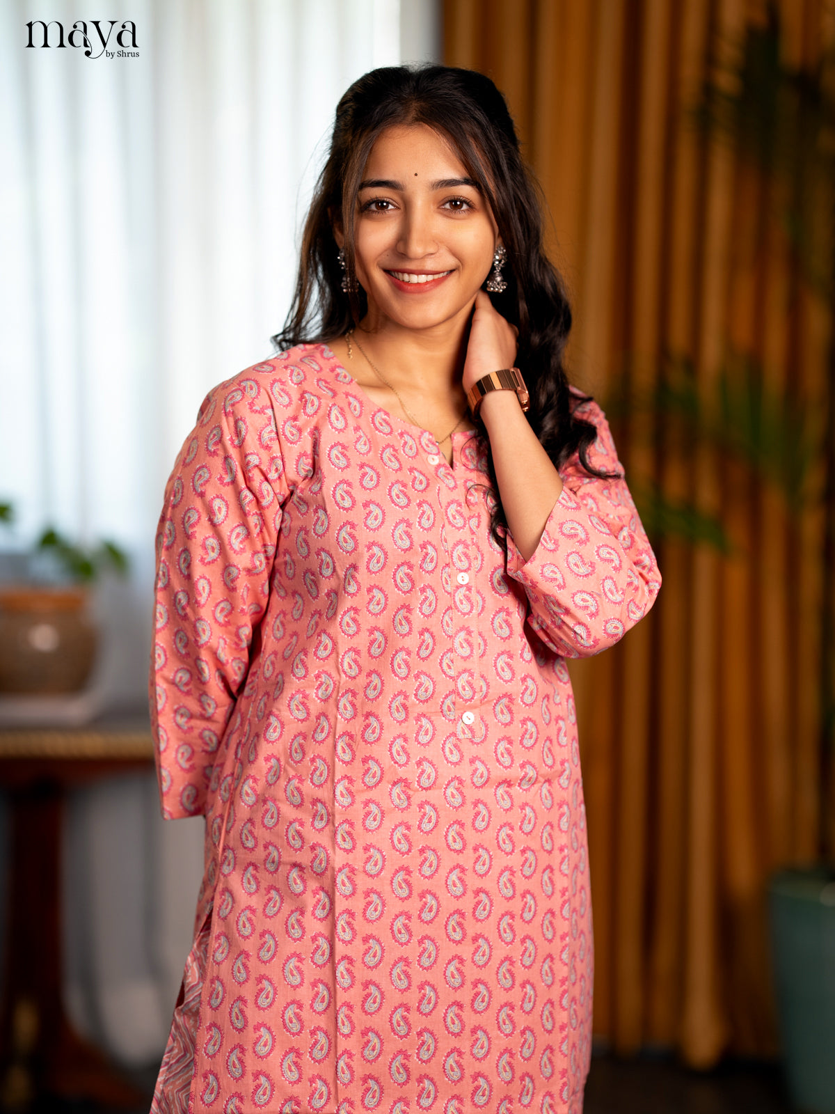 Pastel Pink Cotton 2pc Paisley Print Salwar Suit - Top & Bottom