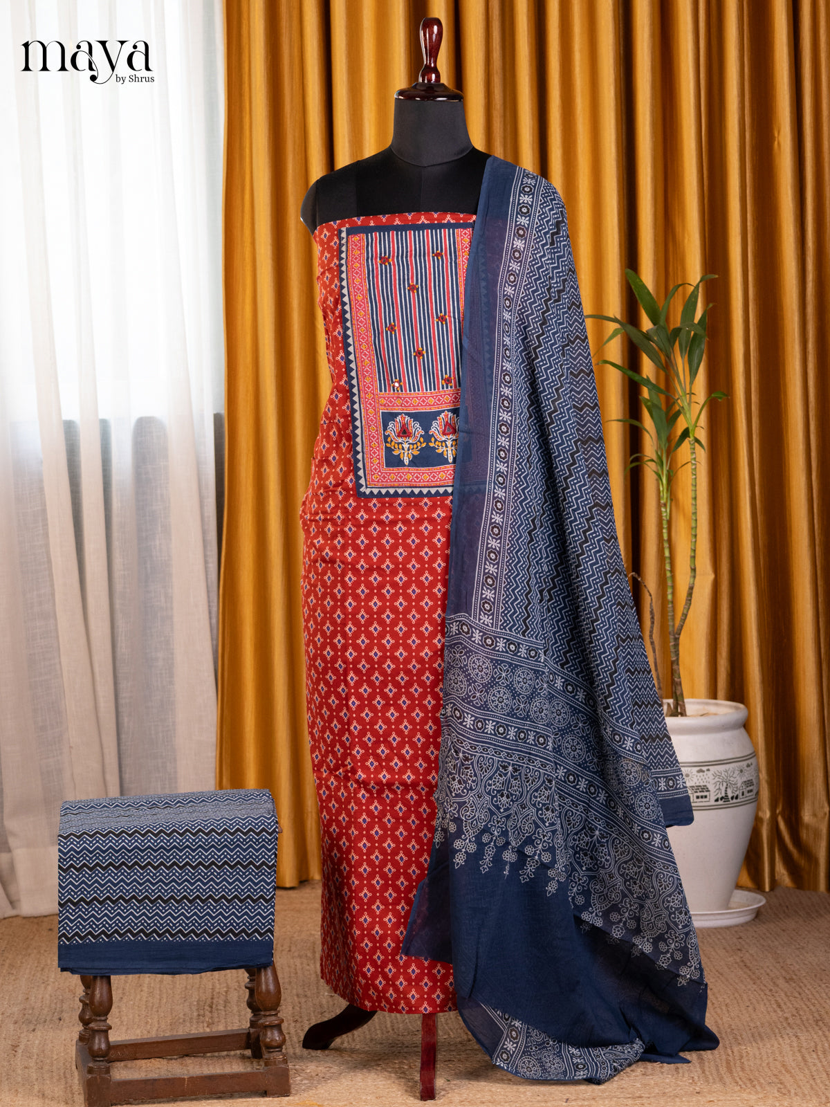 Red & Blue - Ajrakh Salwar Unstitch