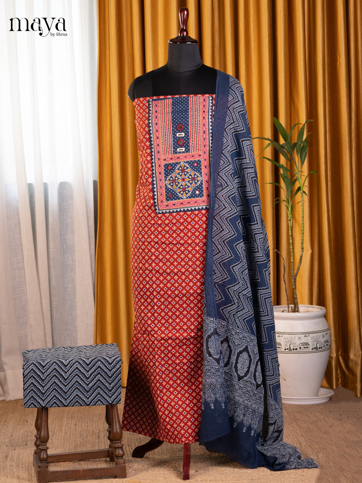 Red & Blue - Ajrakh Salwar Unstitch