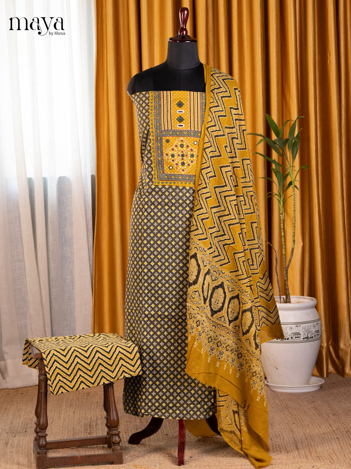 Green & Mustard - Ajrakh Salwar Unstitch