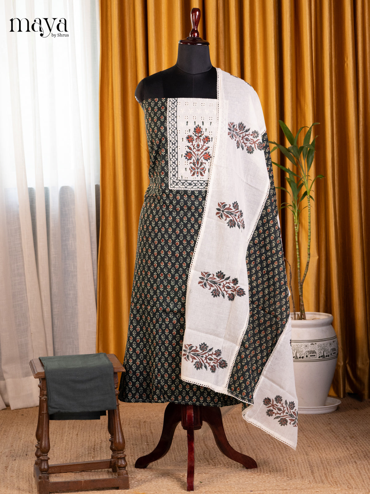Dark Green & Cream - Cotton salwar