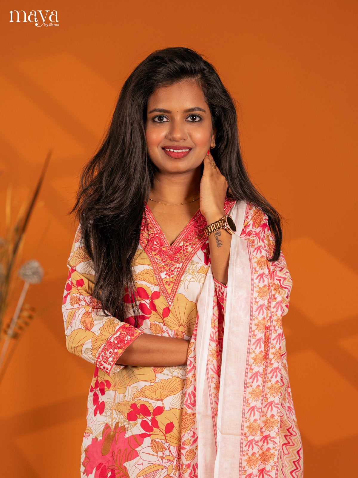 Light pink Cotton 3pc Salwar Suit with Floral Print - Top, Bottom & Dupatta