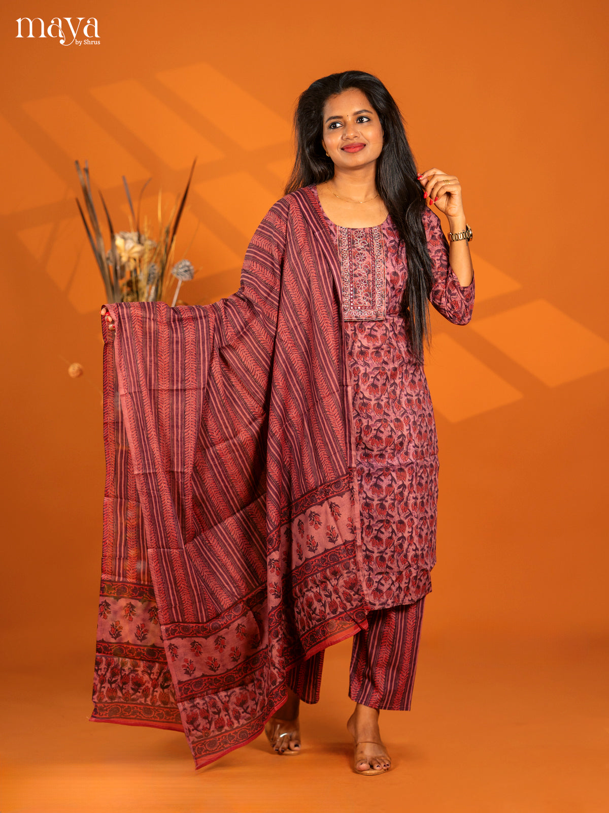 Light Purple Cotton 3pc Salwar Suit with Floral Print - Top, Bottom & Dupatta