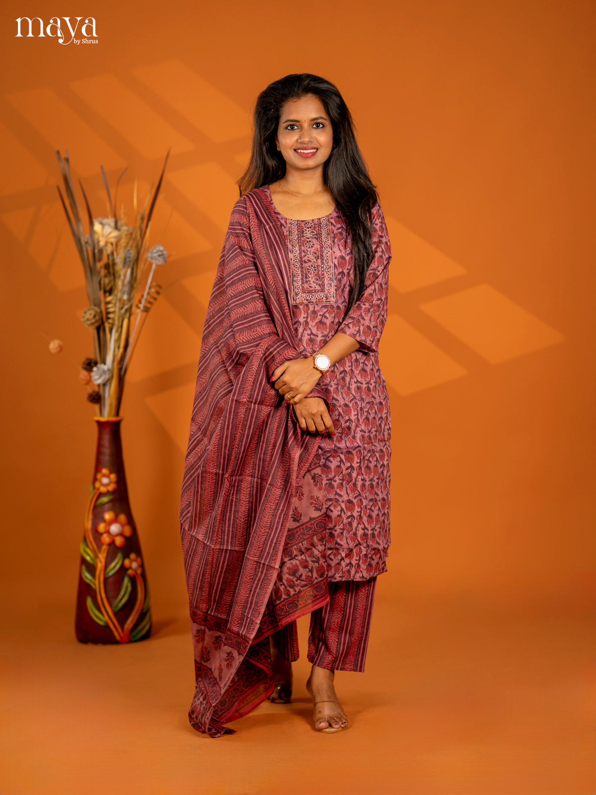 Light Purple Cotton 3pc Salwar Suit with Floral Print - Top, Bottom & Dupatta