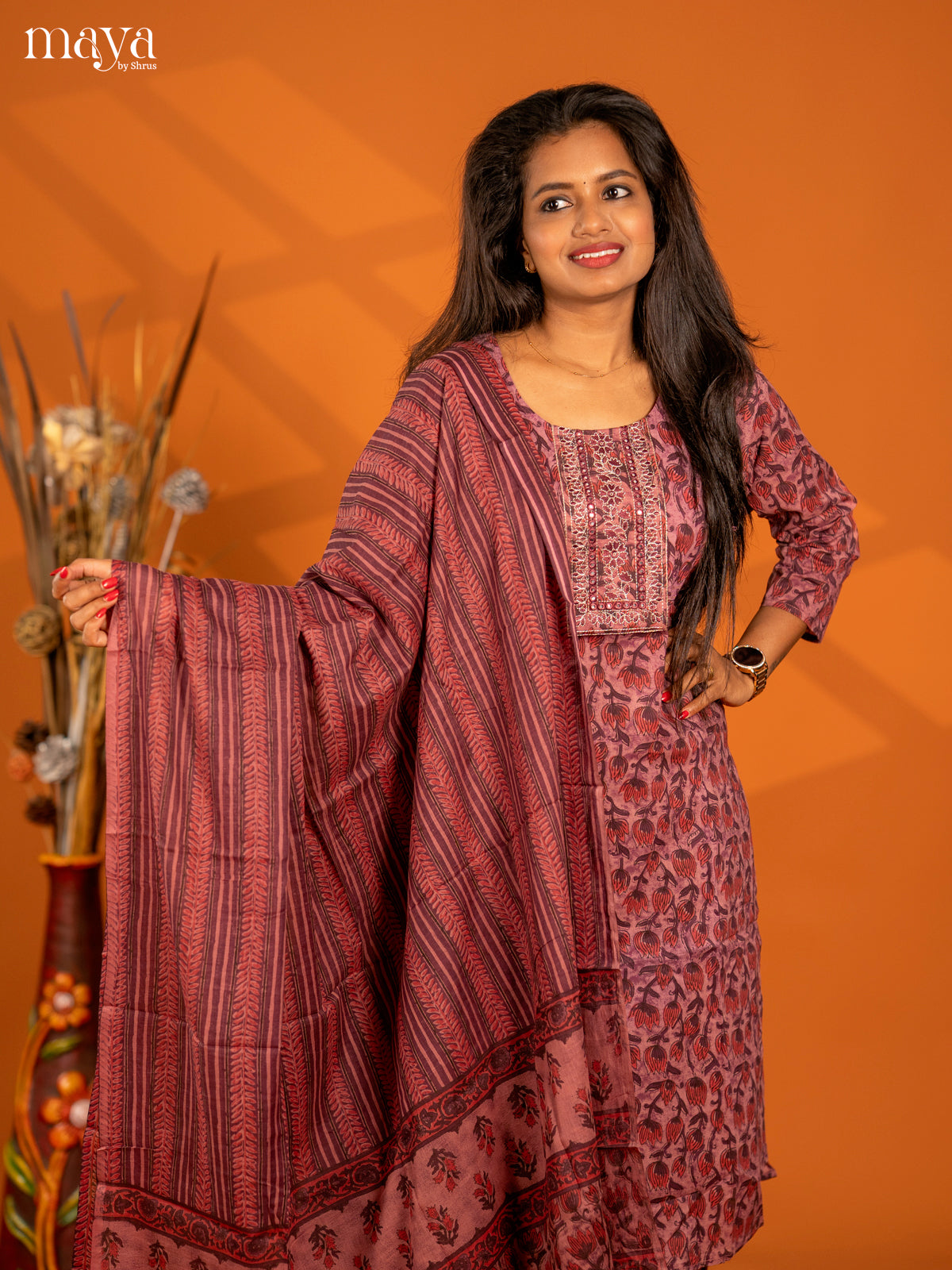 Light Purple Cotton 3pc Salwar Suit with Floral Print - Top, Bottom & Dupatta