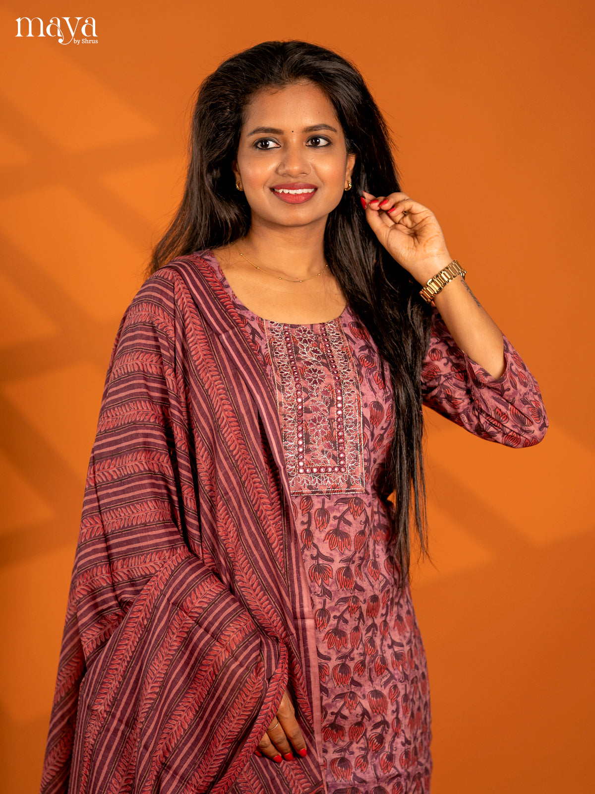 Light Purple Cotton 3pc Salwar Suit with Floral Print - Top, Bottom & Dupatta