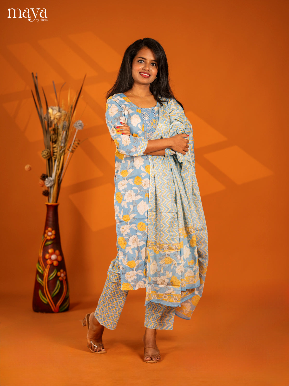 Ice Blue Cotton 3pc Salwar Suit with Floral Print - Top, Bottom & Dupatta