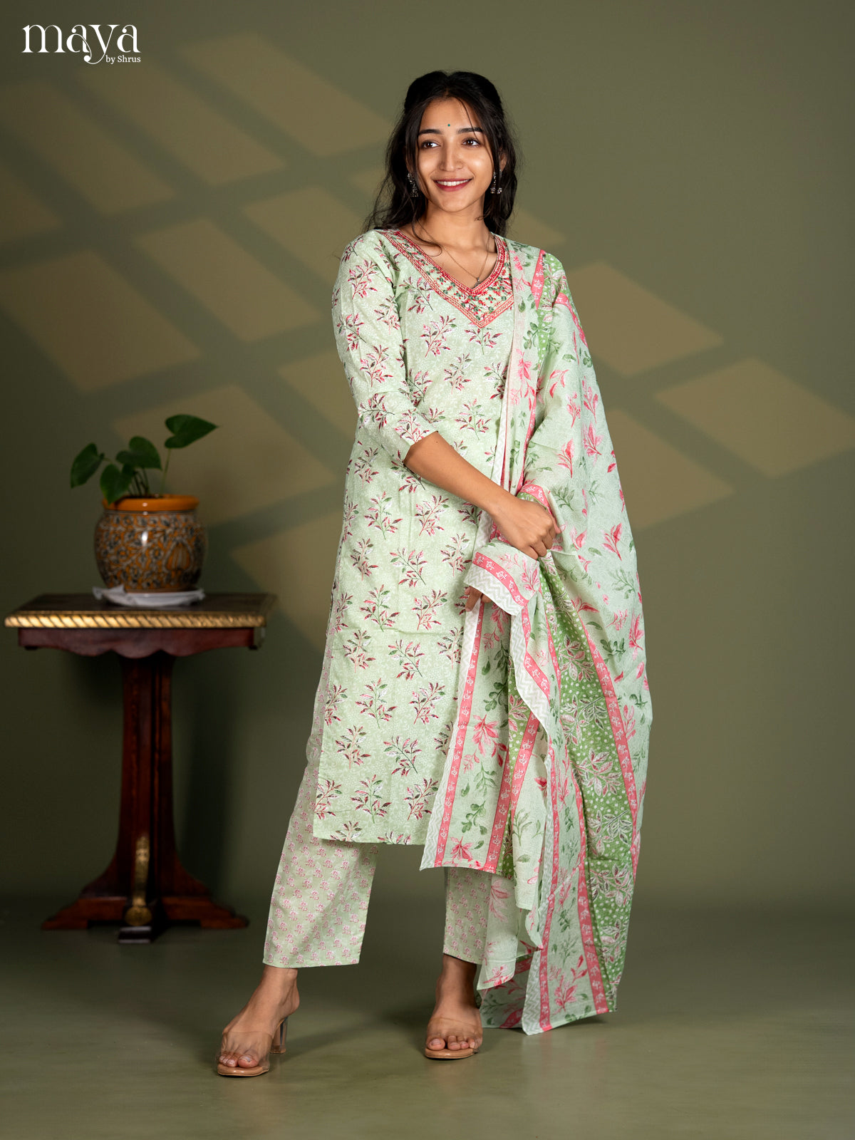 Pista Green Cotton 3pc Salwar Suit with Floral Print - Top, Bottom & Dupatta