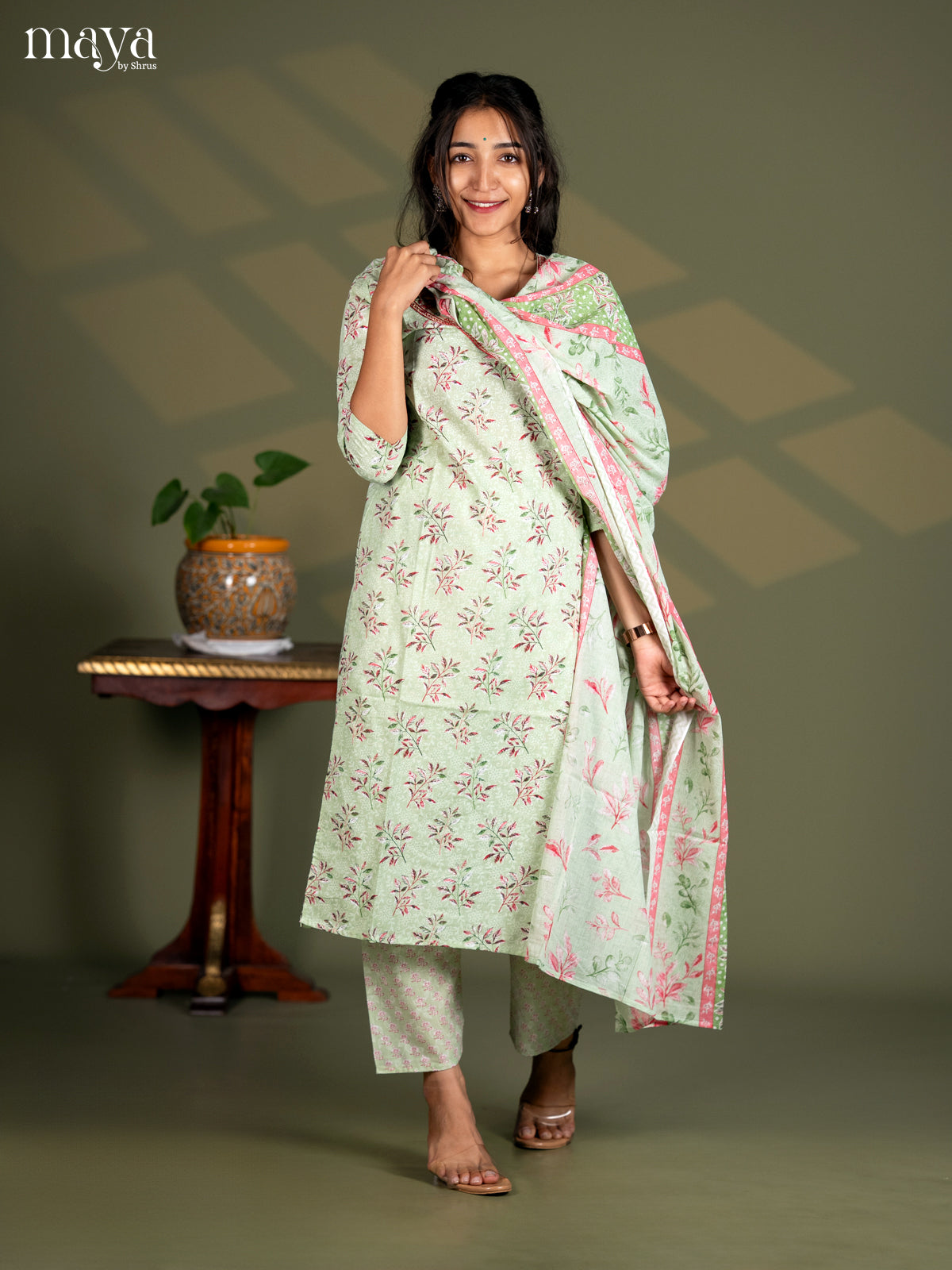 Pista Green Cotton 3pc Salwar Suit with Floral Print - Top, Bottom & Dupatta