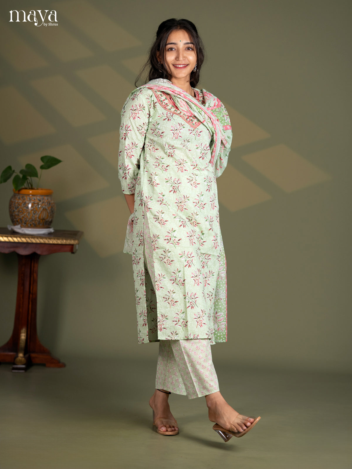 Pista Green Cotton 3pc Salwar Suit with Floral Print - Top, Bottom & Dupatta