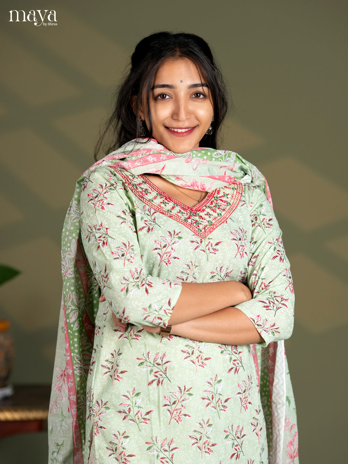 Pista Green Cotton 3pc Salwar Suit with Floral Print - Top, Bottom & Dupatta