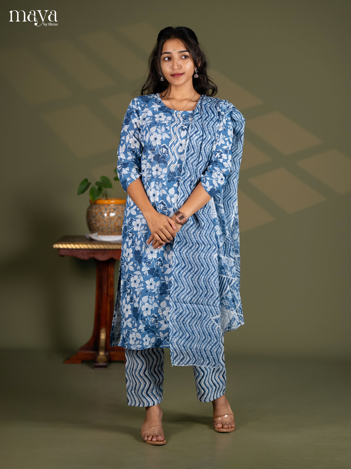 Blue Cotton 3pc Salwar Suit with Floral Print - Top, Bottom & Dupatta