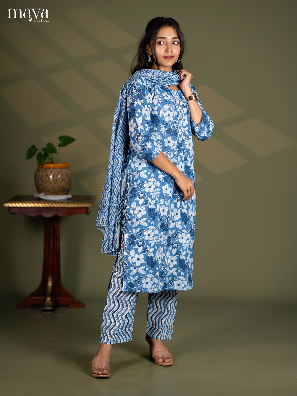 Blue Cotton 3pc Salwar Suit with Floral Print - Top, Bottom & Dupatta