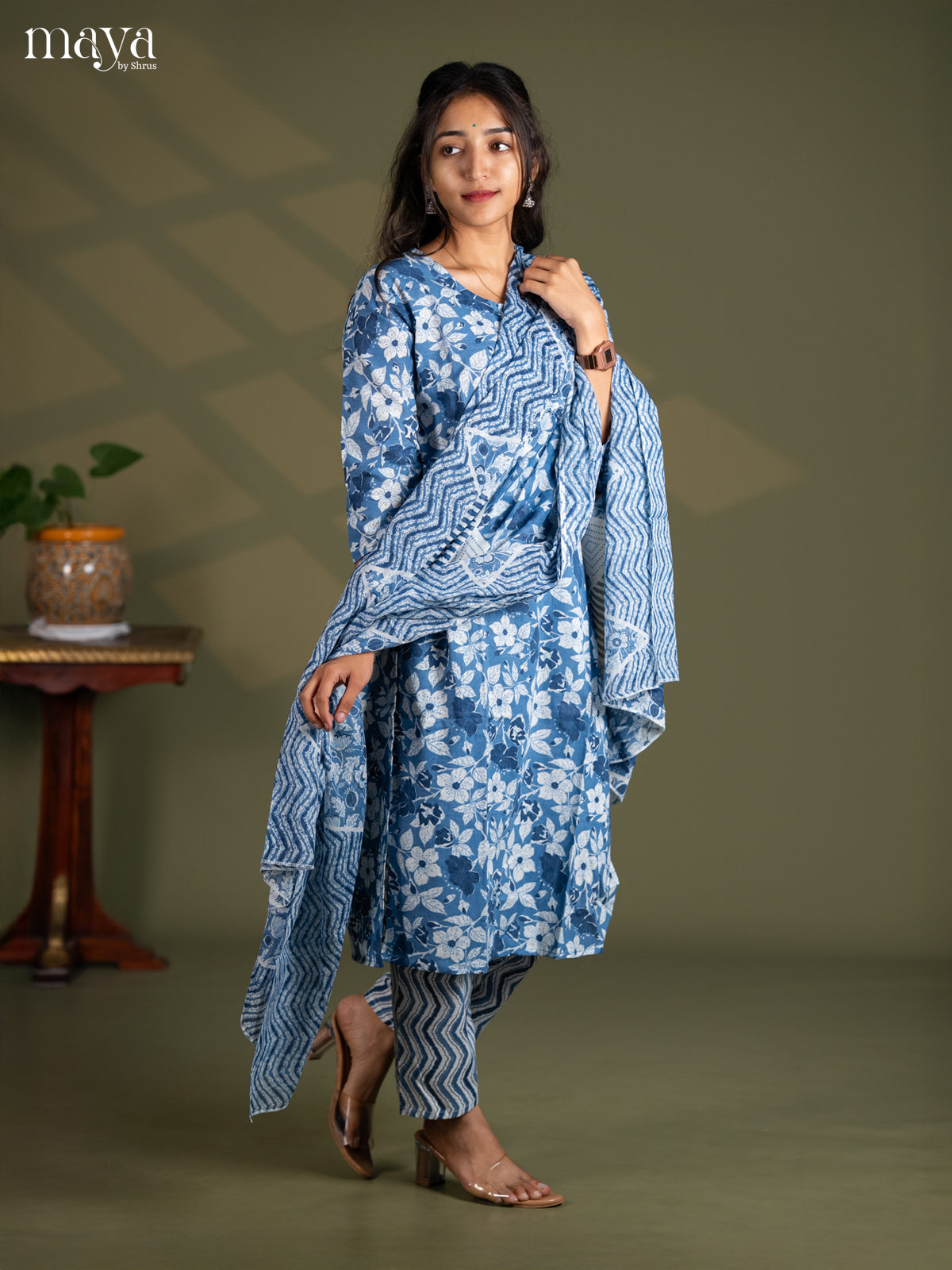 Blue Cotton 3pc Salwar Suit with Floral Print - Top, Bottom & Dupatta