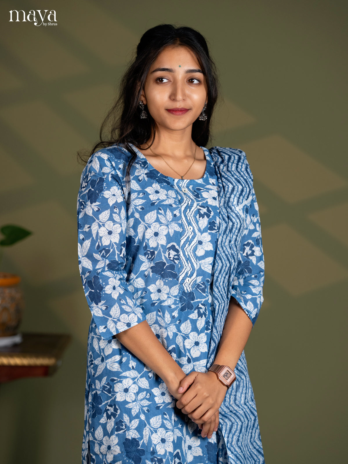 Blue Cotton 3pc Salwar Suit with Floral Print - Top, Bottom & Dupatta