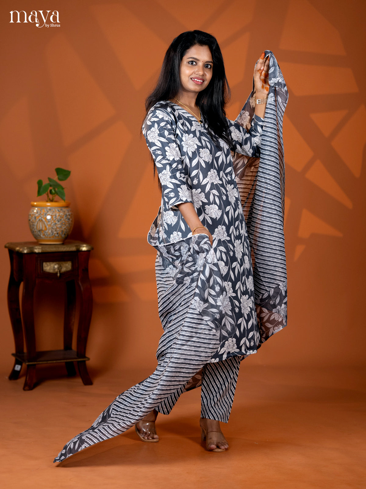 Grey Cotton 3pc Salwar suit with Floral Print - Top, Bottom & Dupatta