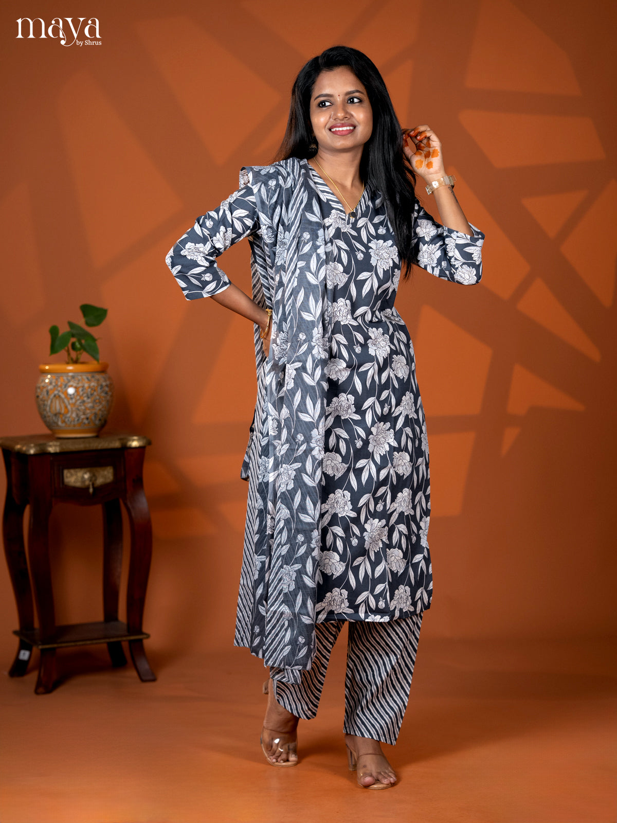 Grey Cotton 3pc Salwar suit with Floral Print - Top, Bottom & Dupatta