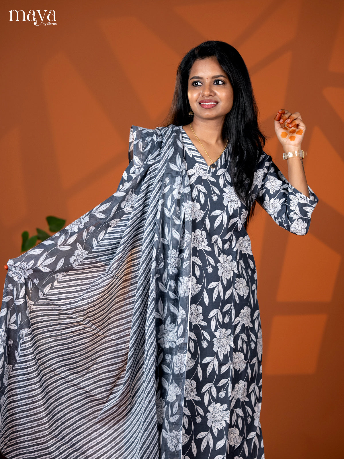 Grey Cotton 3pc Salwar suit with Floral Print - Top, Bottom & Dupatta