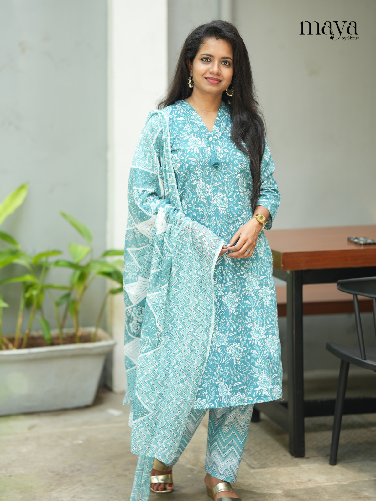 Peacock Blue Cotton 3pc Salwar Suit with Floral Print - Top, Bottom & Dupatta