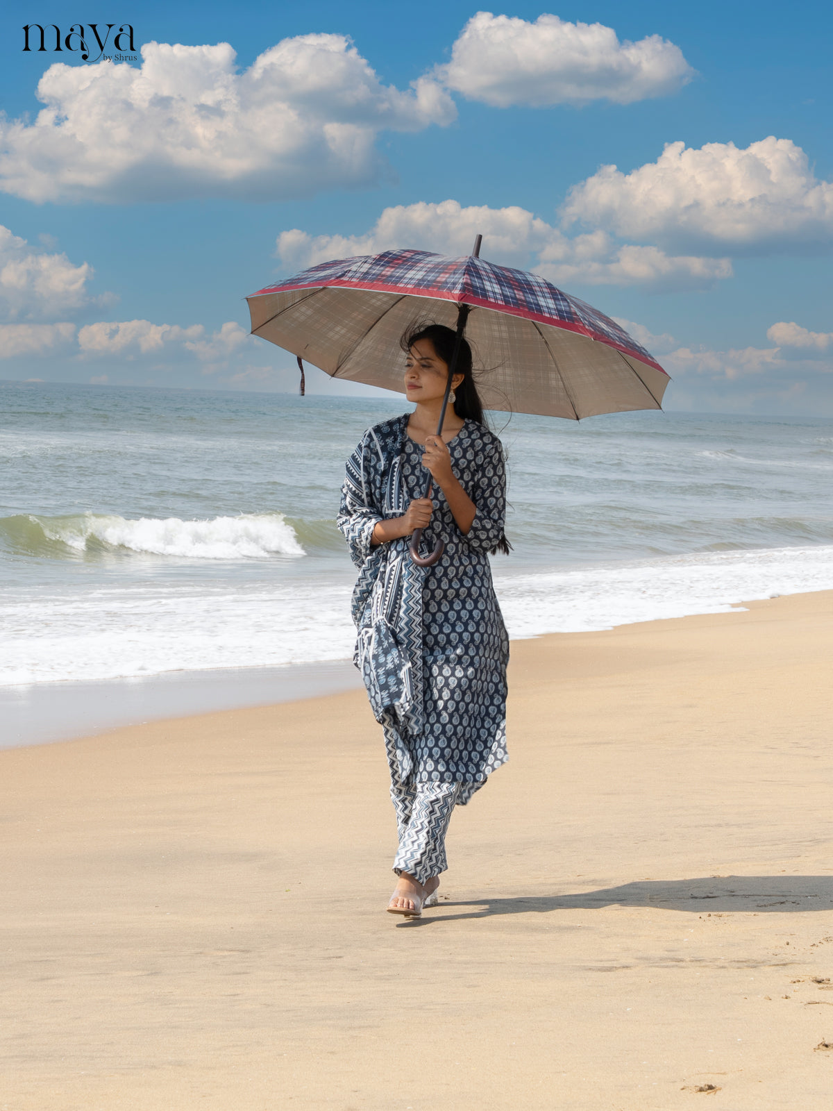Dark Greyish Blue Cotton 3pc Salwar suit with Pasiley Print - Top, Bottom & Dupatta