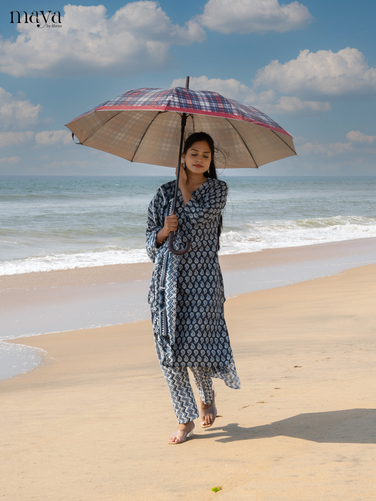 Dark Greyish Blue Cotton 3pc Salwar suit with Pasiley Print - Top, Bottom & Dupatta