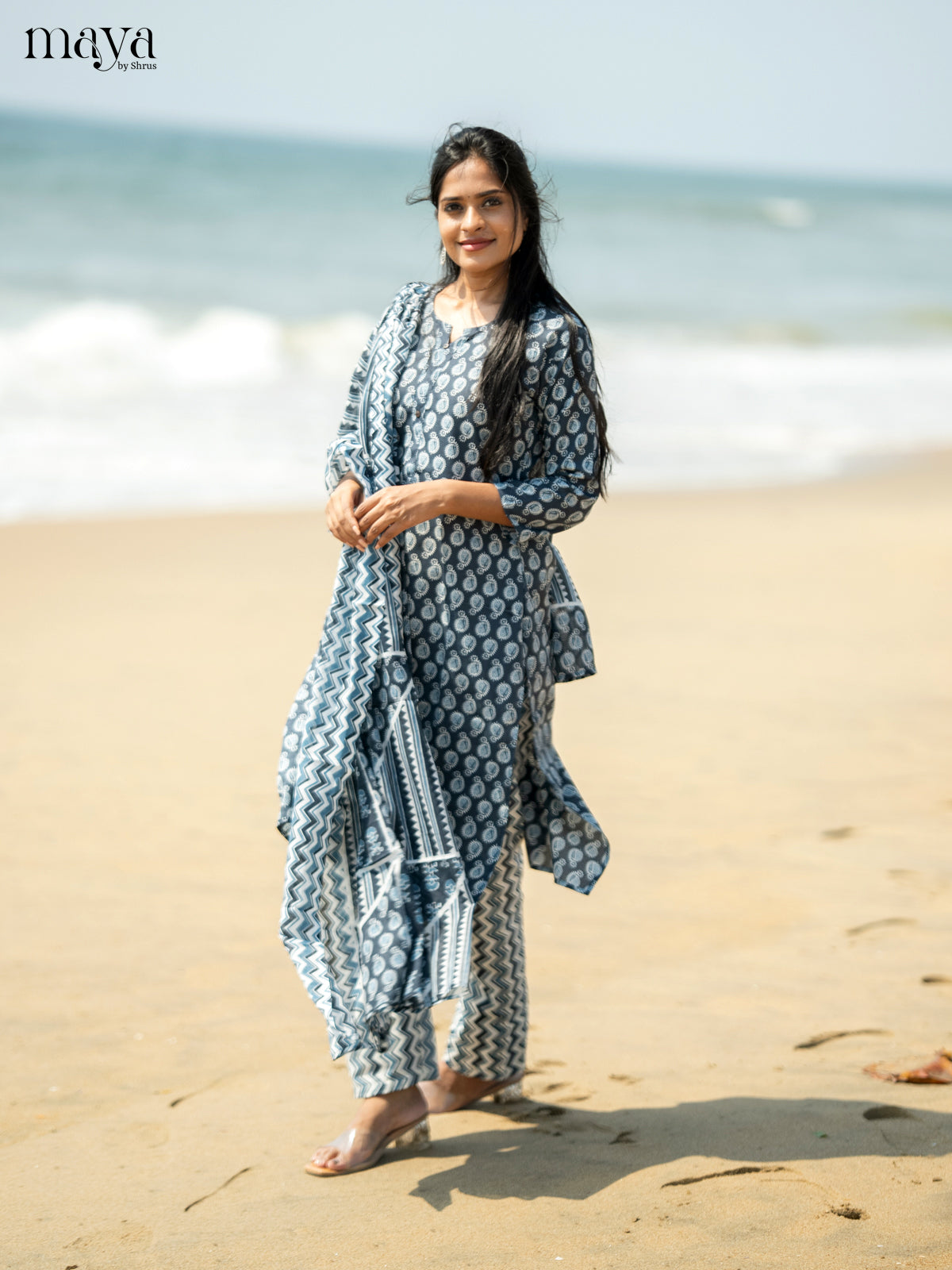 Dark Greyish Blue Cotton 3pc Salwar suit with Pasiley Print - Top, Bottom & Dupatta