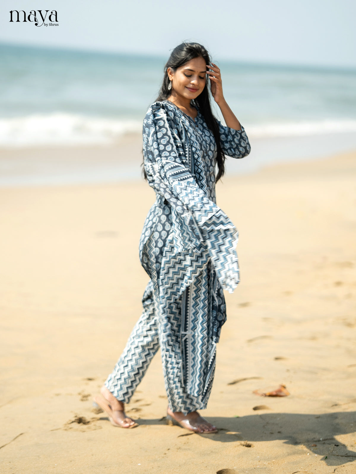 Dark Greyish Blue Cotton 3pc Salwar suit with Pasiley Print - Top, Bottom & Dupatta