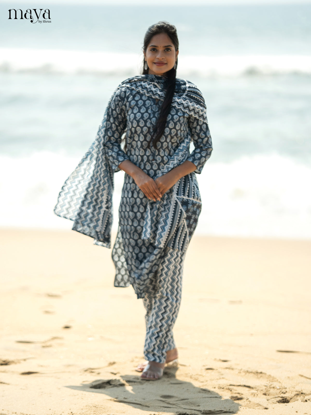 Dark Greyish Blue Cotton 3pc Salwar suit with Pasiley Print - Top, Bottom & Dupatta