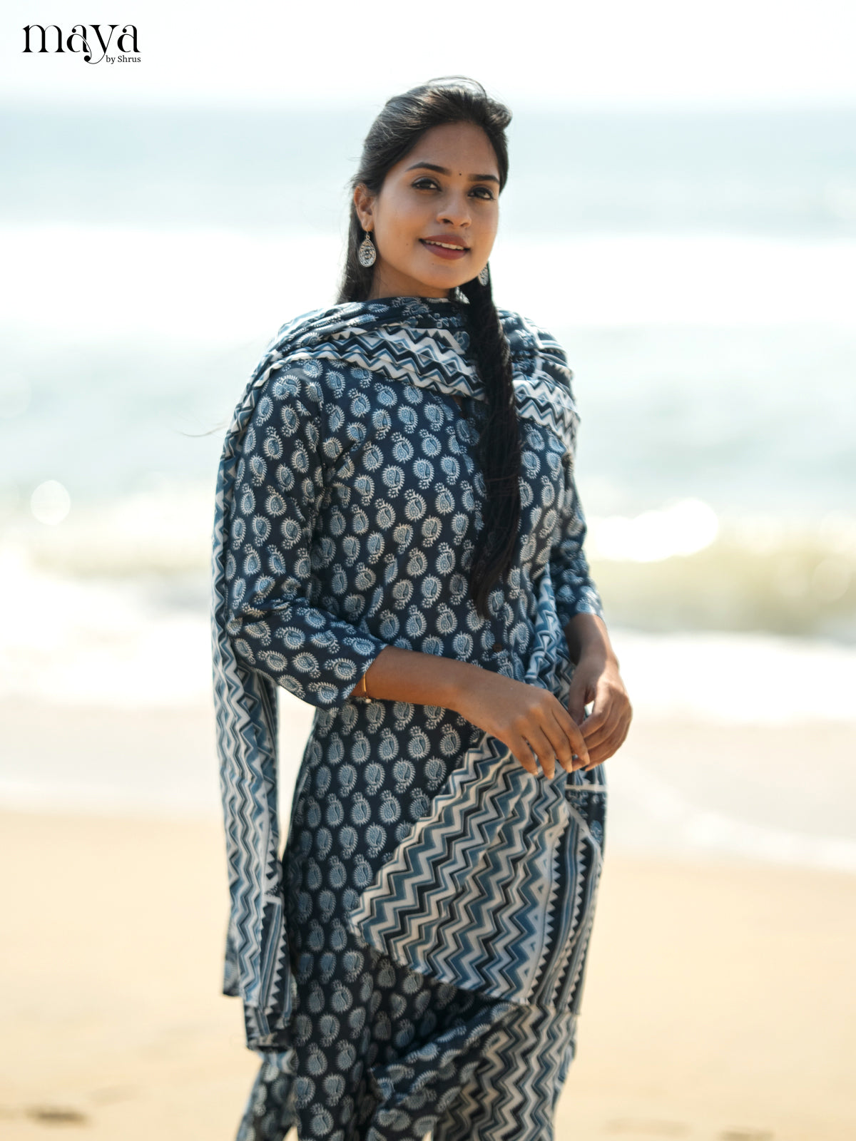 Dark Greyish Blue Cotton 3pc Salwar suit with Pasiley Print - Top, Bottom & Dupatta