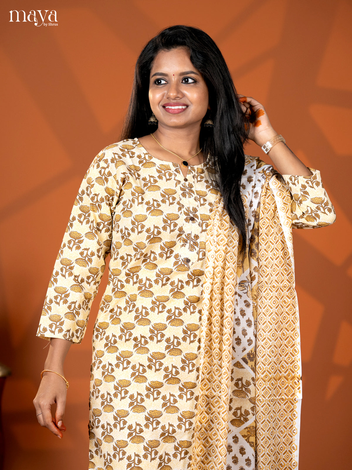 Mustrad Cotton 3pc Salwar Suit with Floral Print - Top, Bottom & Dupatta
