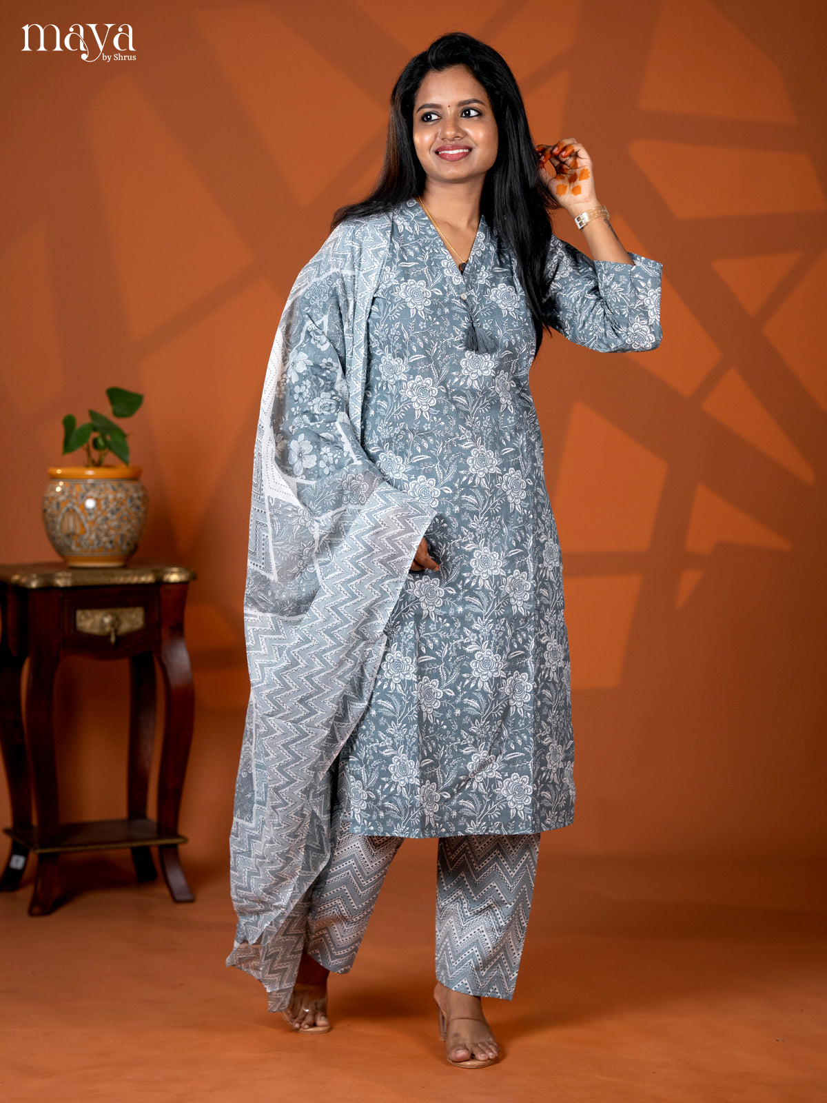 Grey Cotton 3pc Salwar suit with Floral Print - Top, Bottom & Dupatta