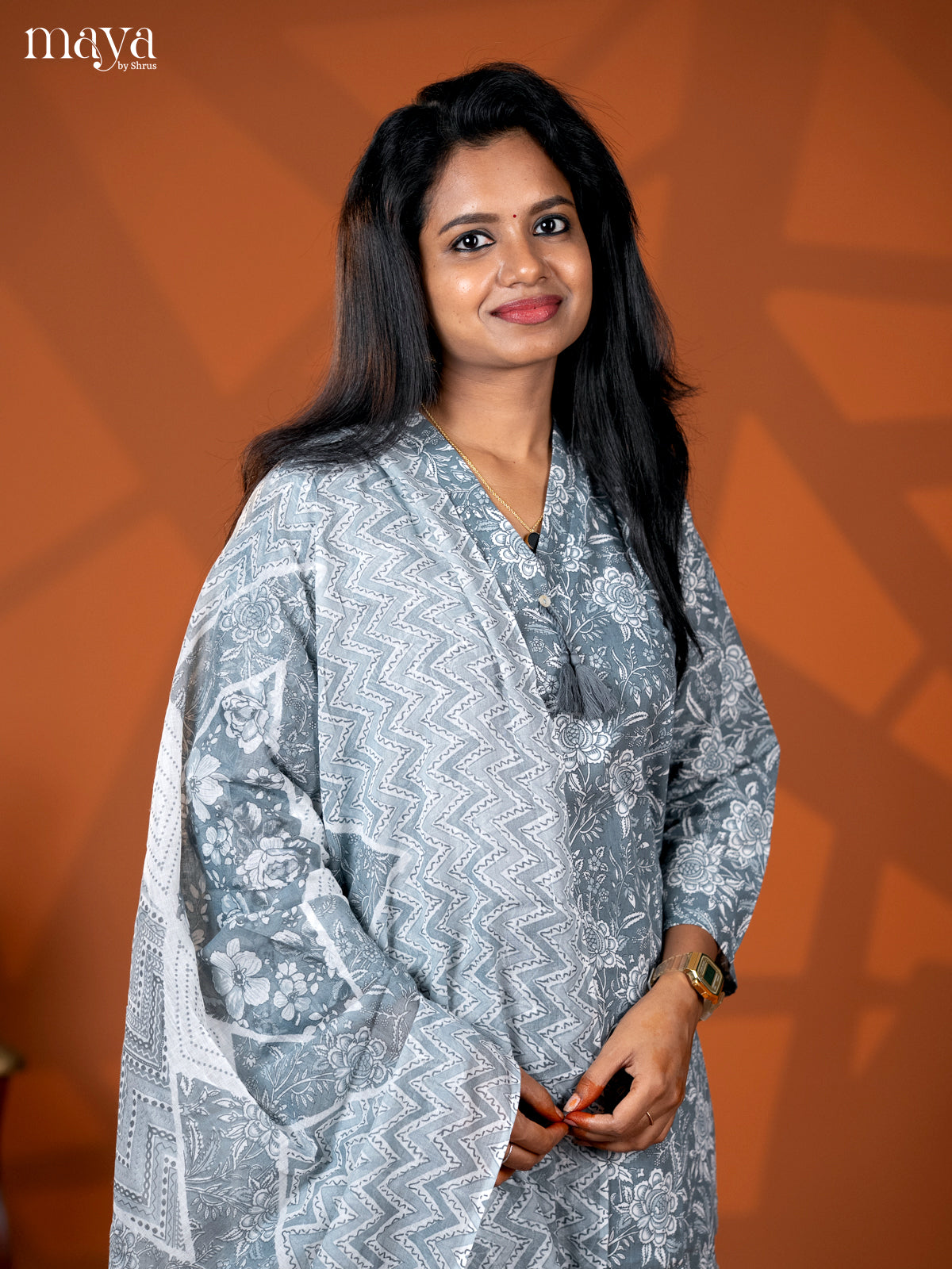 Grey Cotton 3pc Salwar suit with Floral Print - Top, Bottom & Dupatta