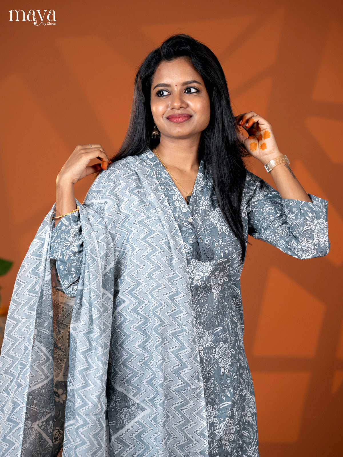 Grey Cotton 3pc Salwar suit with Floral Print - Top, Bottom & Dupatta