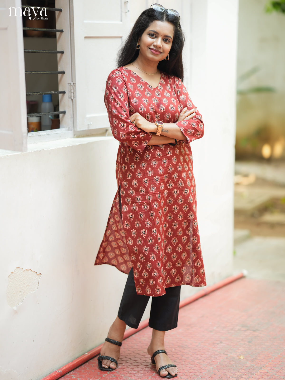 Brown Ajrakh Prited Cotton Stright Kurti