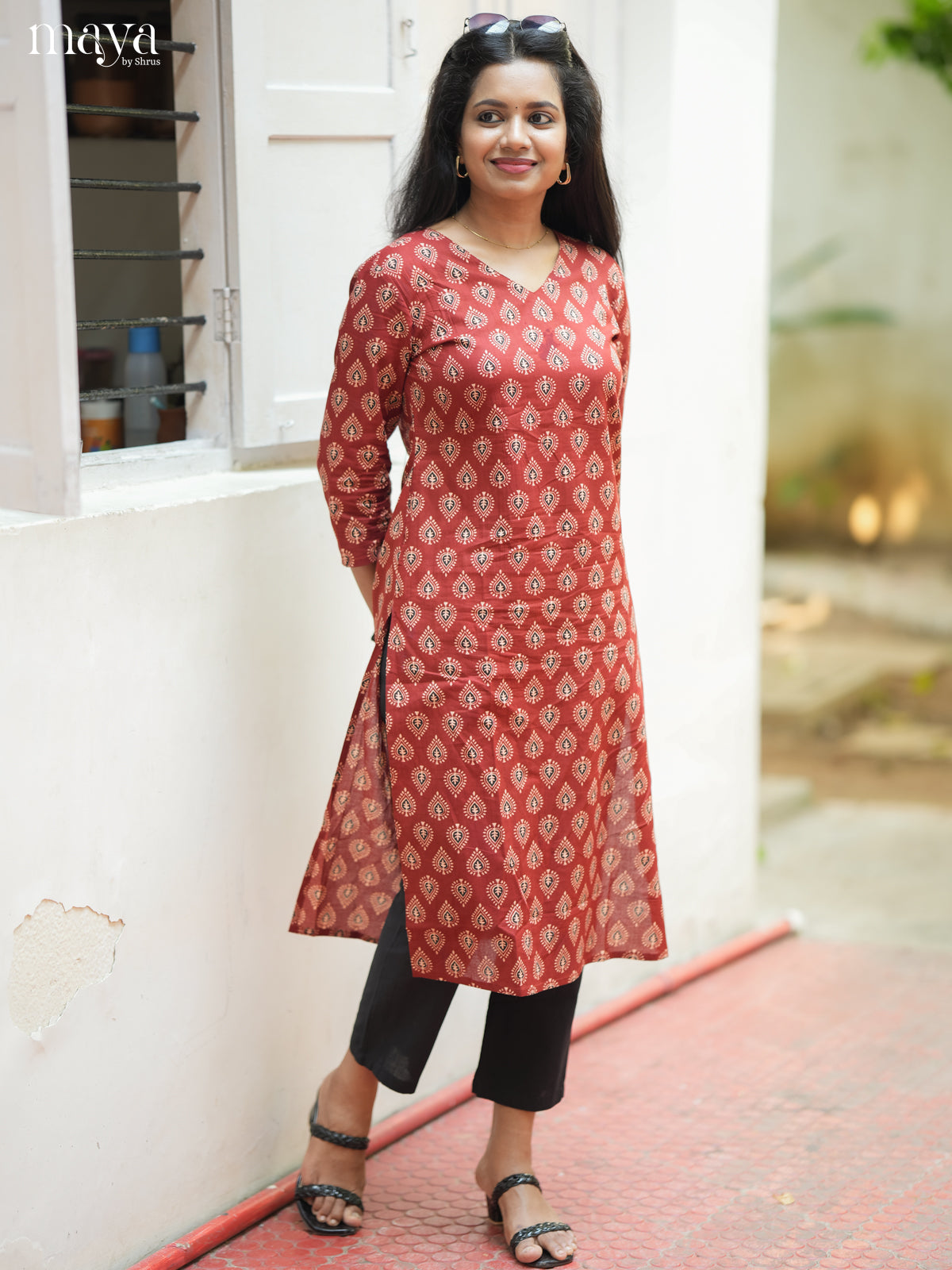 Brown Ajrakh Prited Cotton Stright Kurti