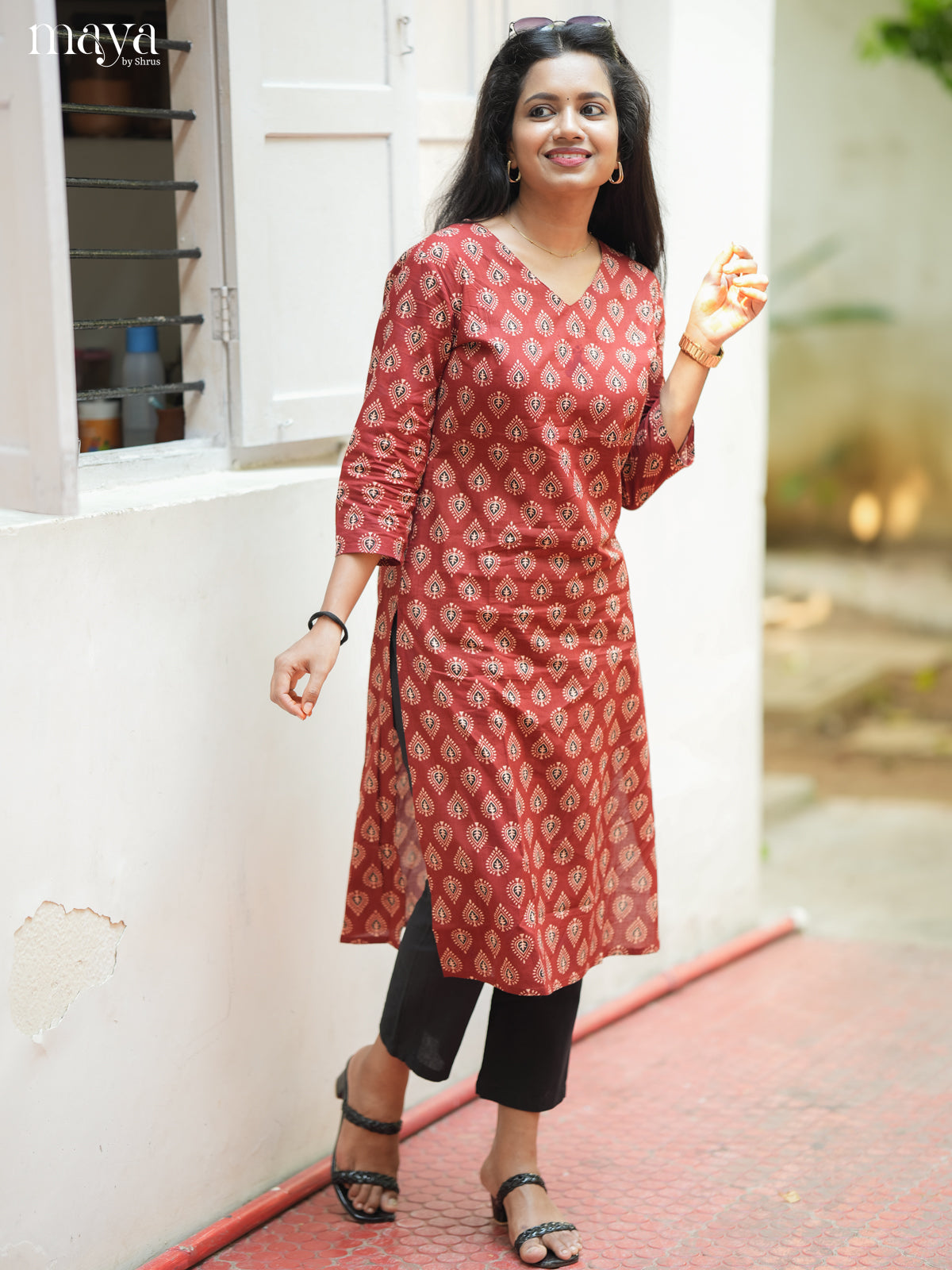 Brown Ajrakh Prited Cotton Stright Kurti