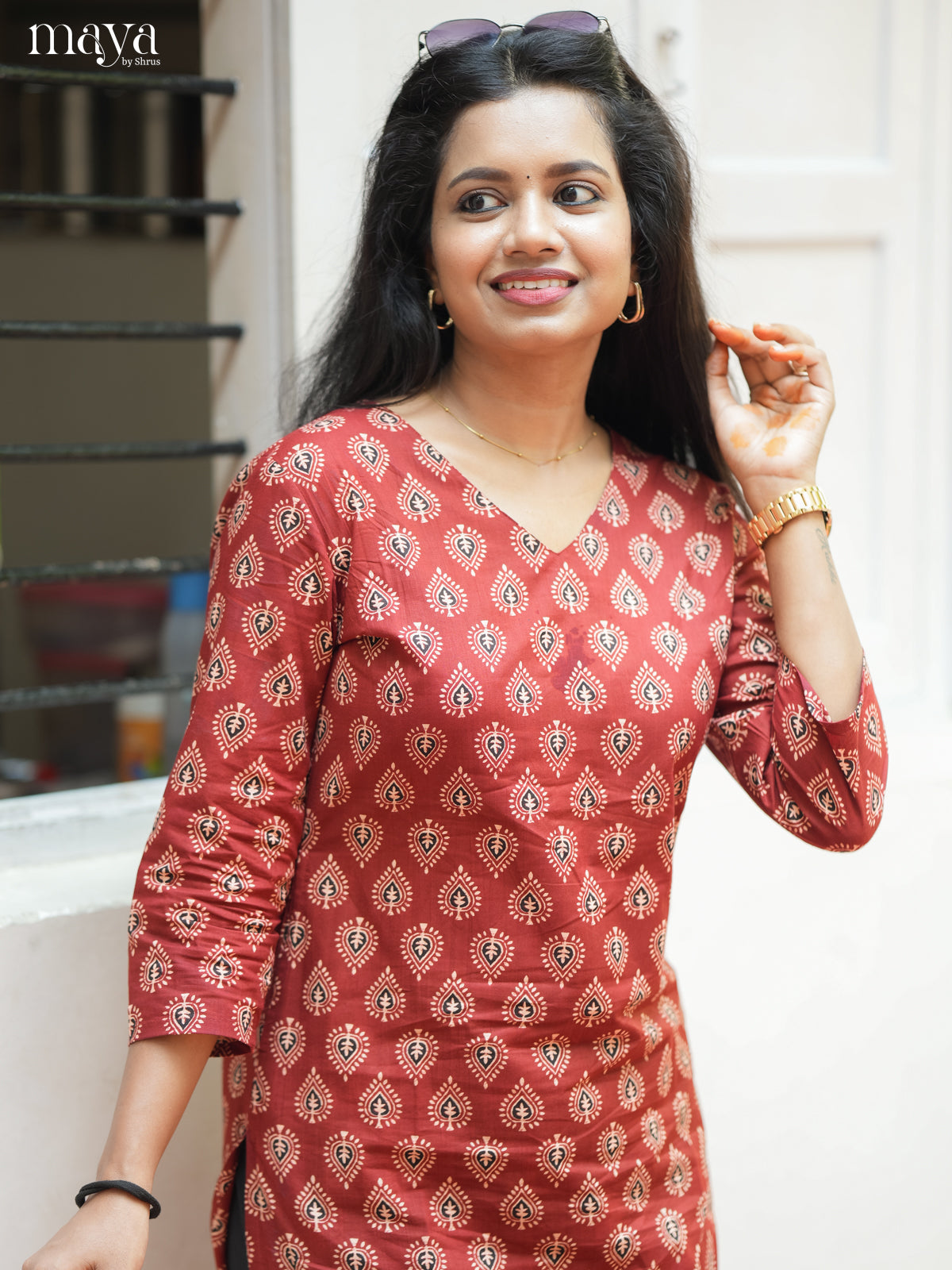 Brown Ajrakh Prited Cotton Stright Kurti