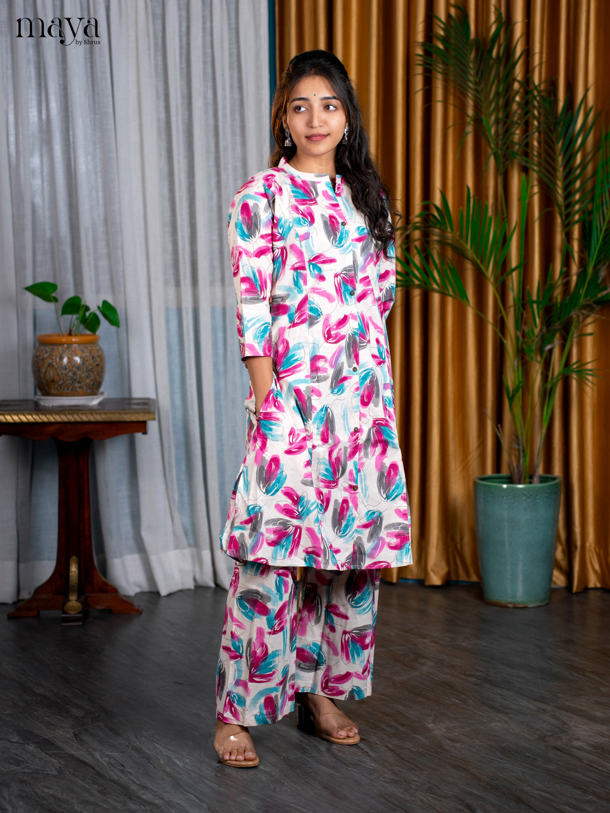Multi Coloour Cotton 2pc Floral Print Salwar Suit - Top & Bottom