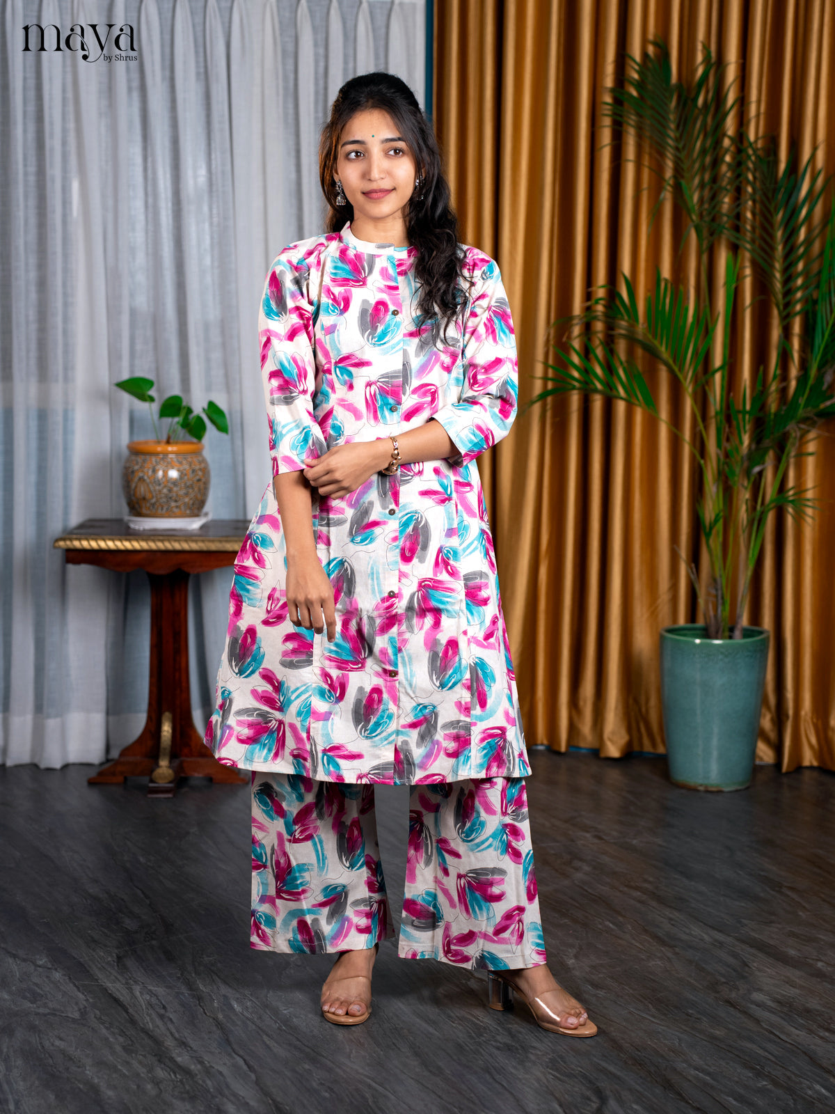 Multi Coloour Cotton 2pc Floral Print Salwar Suit - Top & Bottom